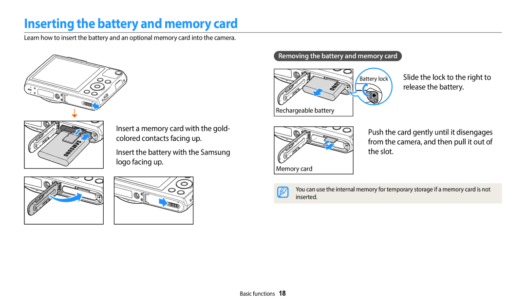 Samsung WB50F, WB52F, WB51F Inserting the battery and memory card, Release the battery, Slide the lock to the right to 