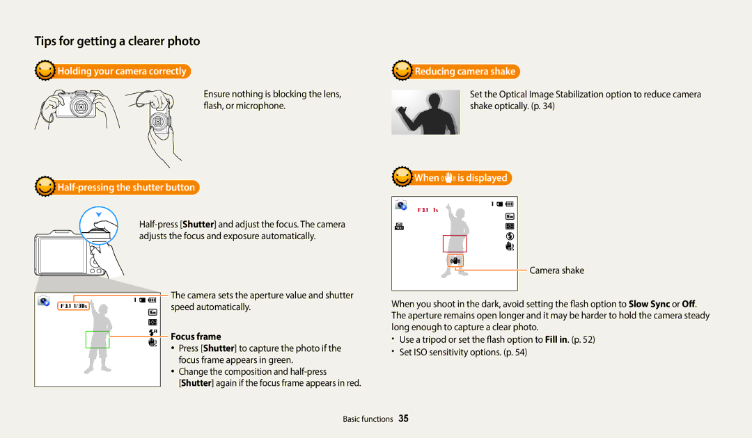 Samsung WB52F Holding your camera correctly, Half-pressing the shutter button, Reducing camera shake, When is displayed 