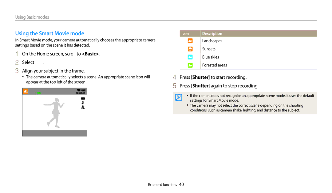 Samsung WB51F, WB52F, WB50F user manual Using the Smart Movie mode 