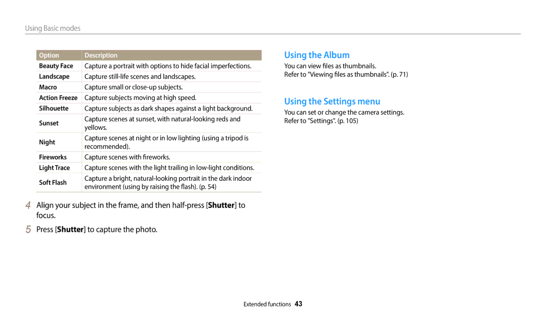 Samsung WB51F, WB52F, WB50F user manual Using the Album, Using the Settings menu 