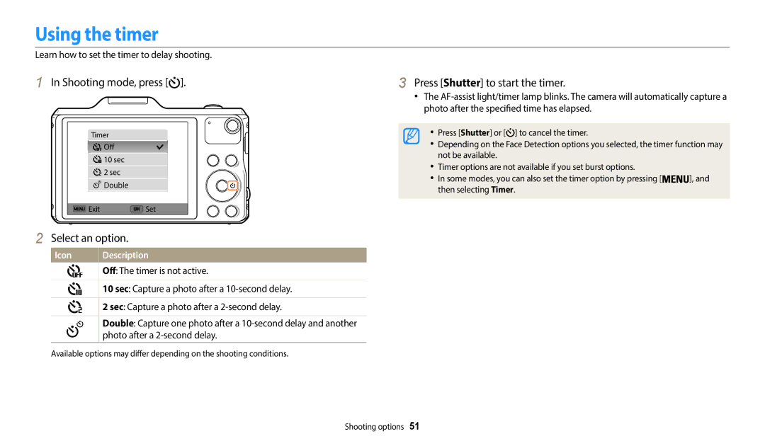 Samsung WB50F, WB52F, WB51F user manual Using the timer, Press Shutter to start the timer 