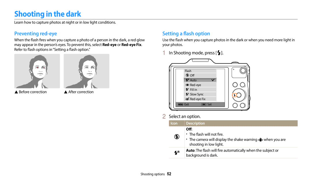 Samsung WB51F, WB52F, WB50F user manual Shooting in the dark, Preventing red-eye, Setting a flash option, Icon, Off 