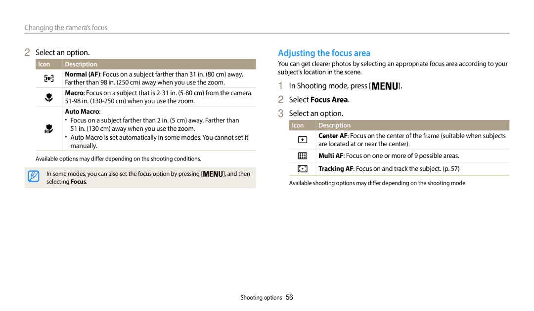 Samsung WB52F, WB50F, WB51F user manual Adjusting the focus area, Select Focus Area, Changing the camera’s focus, Auto Macro 