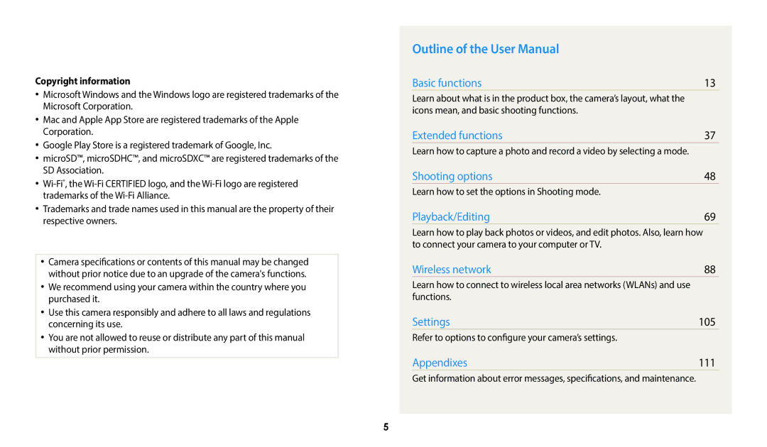 Samsung WB52F, WB50F, WB51F user manual Copyright information, Learn how to set the options in Shooting mode 