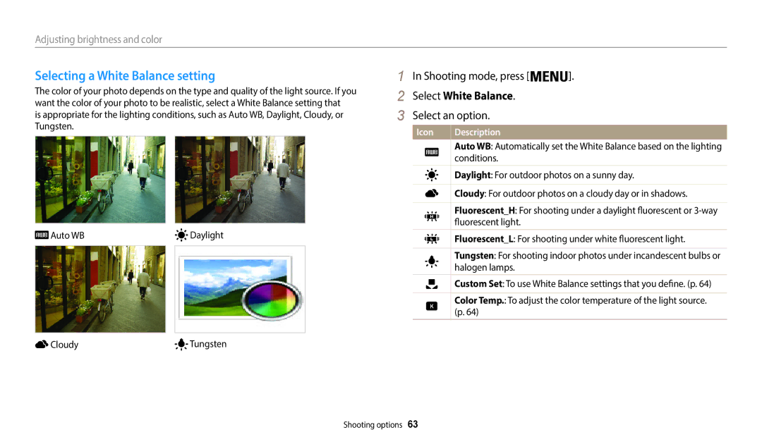 Samsung WB50F, WB52F, WB51F user manual Selecting a White Balance setting, Select White Balance 