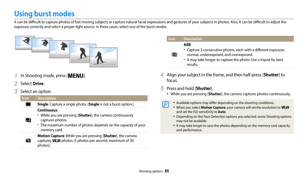 Samsung WB52F, WB50F, WB51F user manual Using burst modes, Shooting mode, press Select Drive Select an option, Continuous 