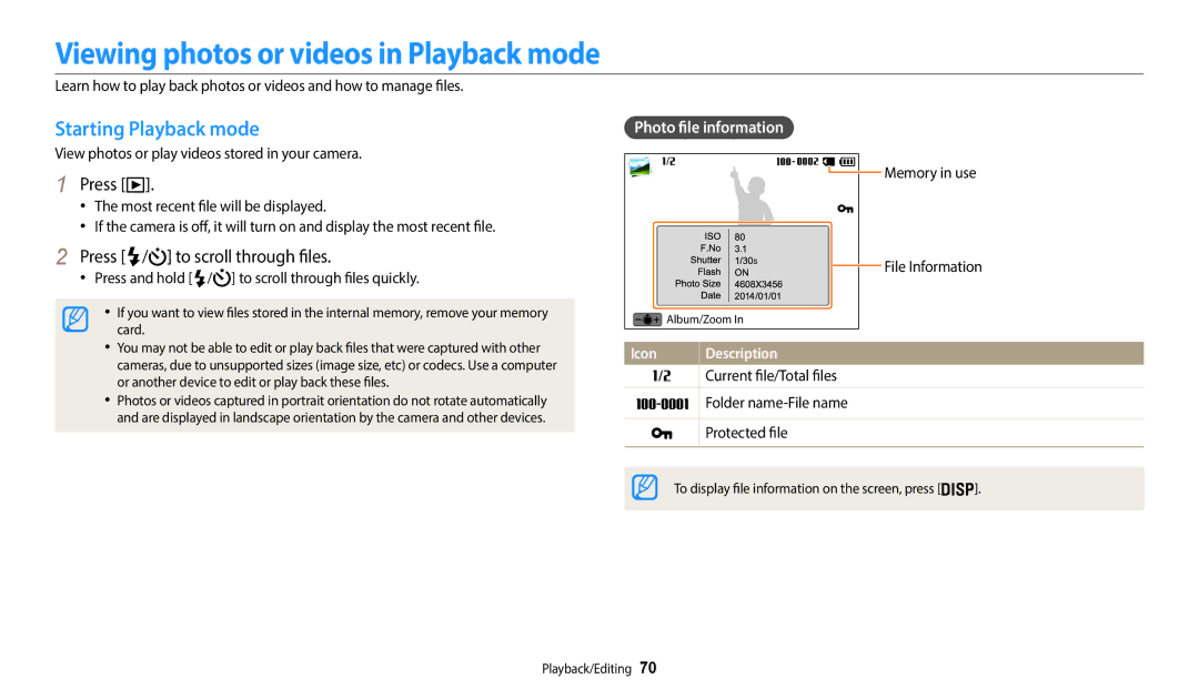 Samsung WB51F, WB52F Viewing photos or videos in Playback mode, Starting Playback mode, Press / to scroll through files 