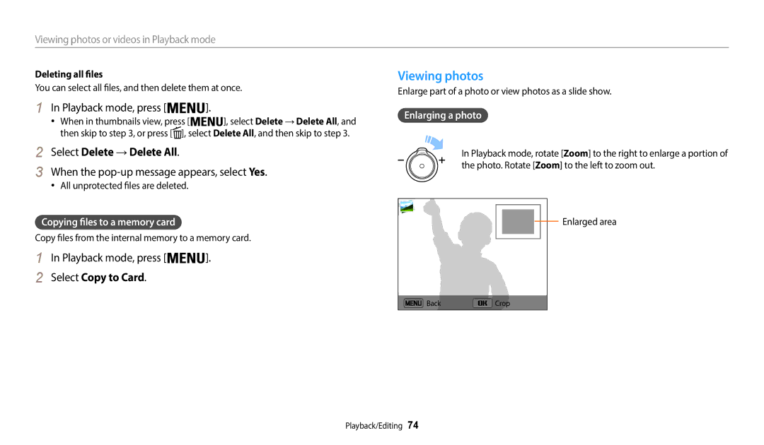 Samsung WB52F, WB50F, WB51F Viewing photos, Select Delete → Delete All, Select Copy to Card, Copying files to a memory card 