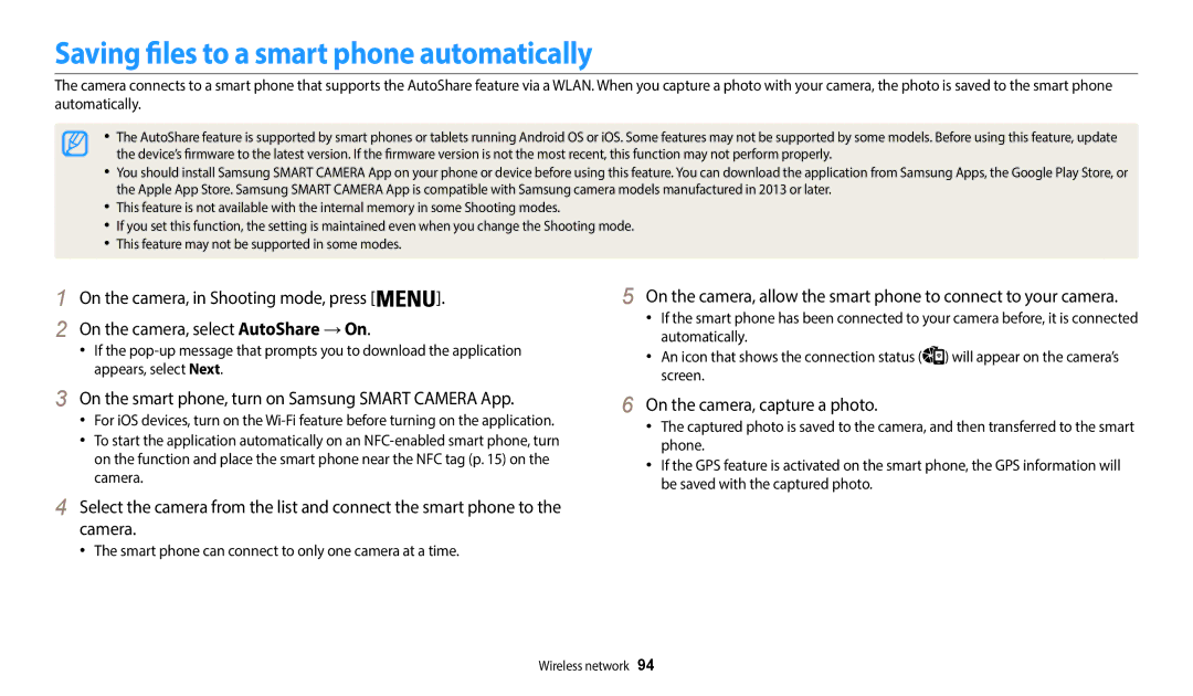 Samsung WB51F, WB52F, WB50F user manual Saving files to a smart phone automatically, On the camera, select AutoShare → On 