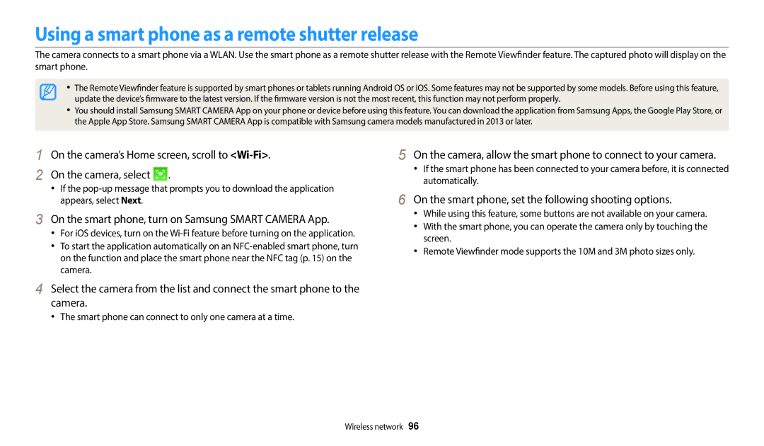 Samsung WB50F Using a smart phone as a remote shutter release, On the smart phone, set the following shooting options 