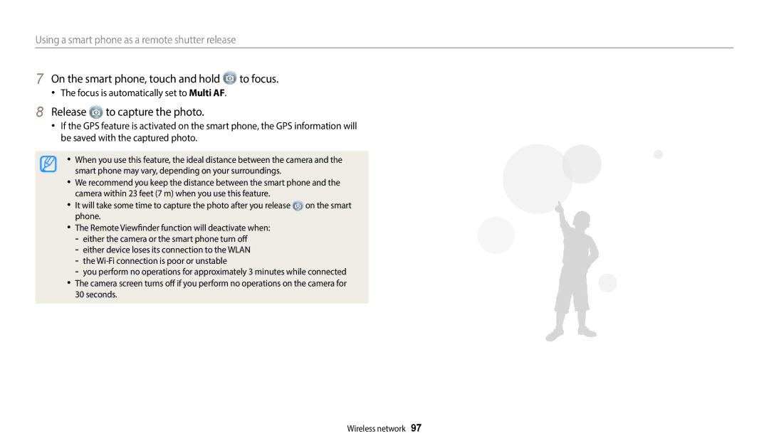 Samsung WB51F, WB52F, WB50F user manual On the smart phone, touch and hold to focus, Release to capture the photo 