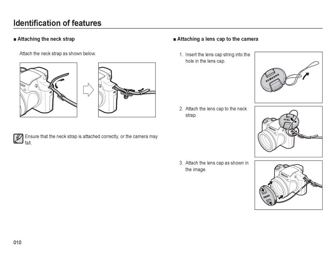 Samsung WB5500 manual Attaching the neck strap, Attaching a lens cap to the camera, Attach the neck strap as shown below 