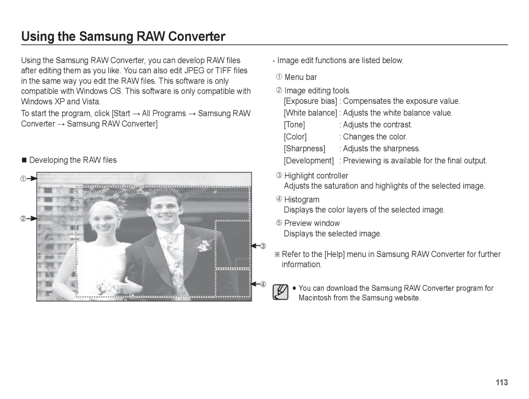 Samsung WB5500 manual Using the Samsung RAW Converter, Color Changes the color Sharpness, Adjusts the contrast 