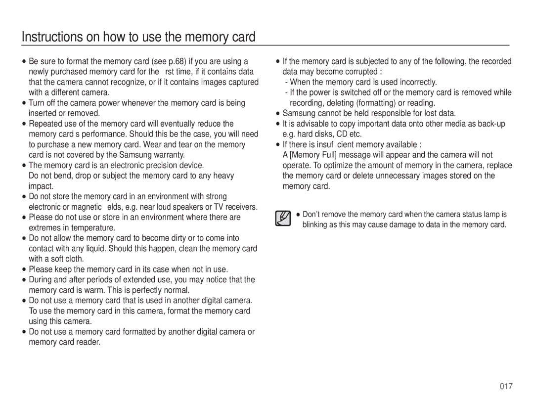 Samsung WB5500 manual Instructions on how to use the memory card 