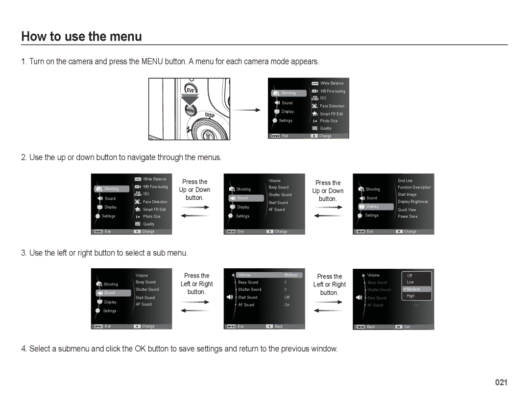 Samsung WB5500 manual How to use the menu, Use the up or down button to navigate through the menus 