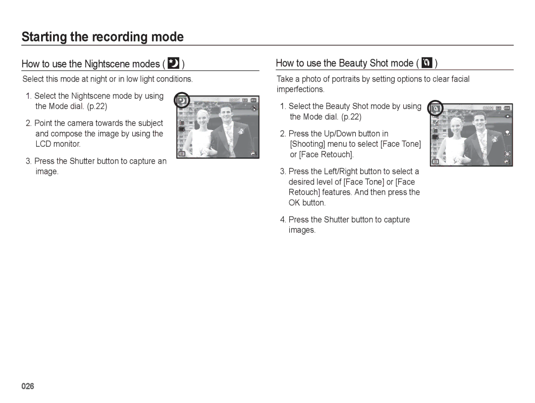 Samsung WB5500 manual How to use the Nightscene modes, How to use the Beauty Shot mode 