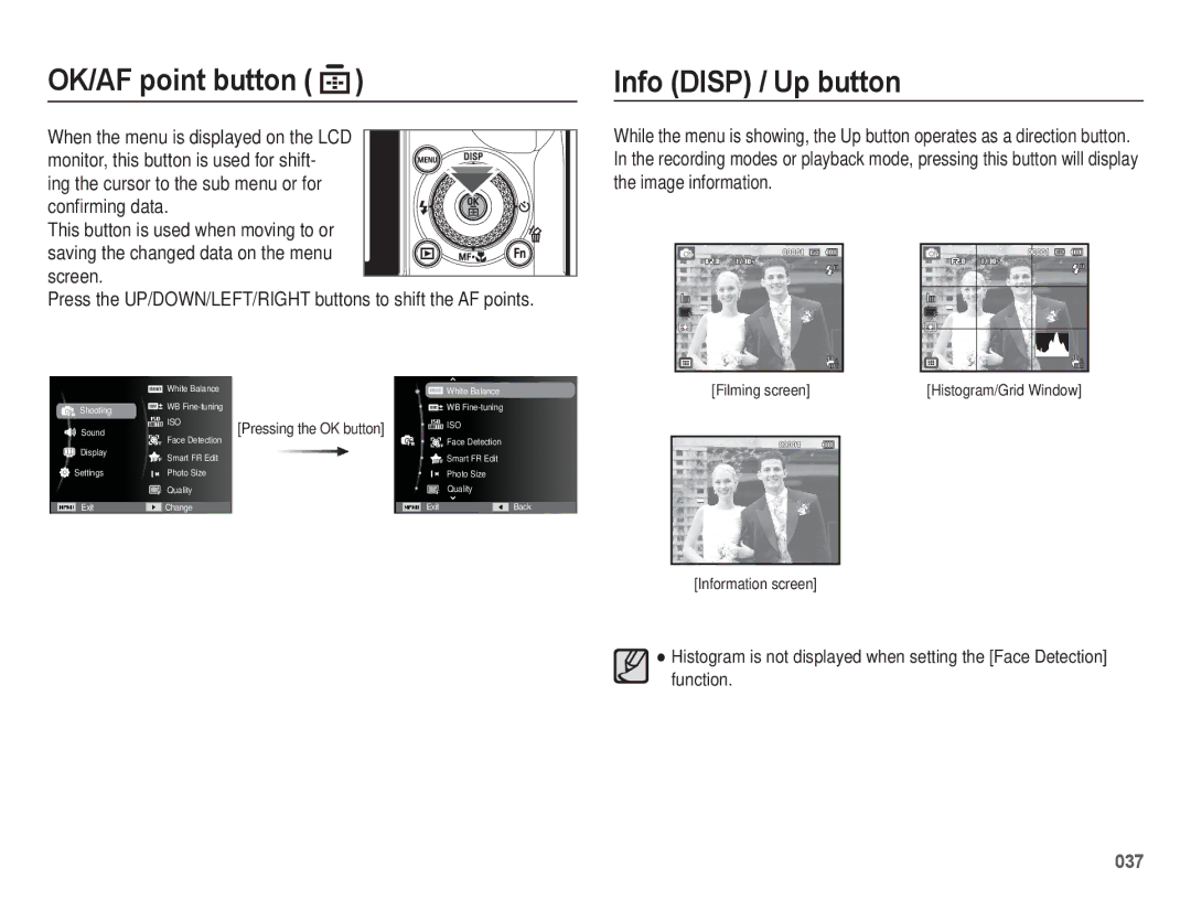 Samsung WB5500 manual OK/AF point button, Info Disp / Up button 