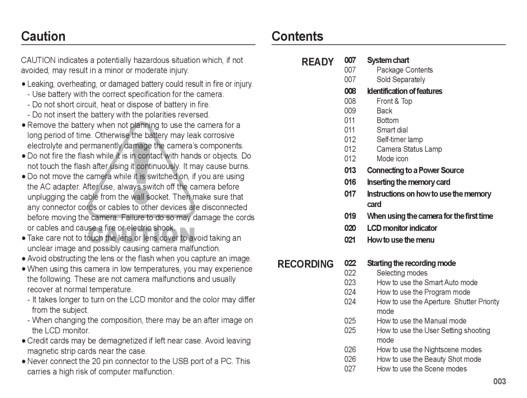 Samsung WB5500 manual Contents 