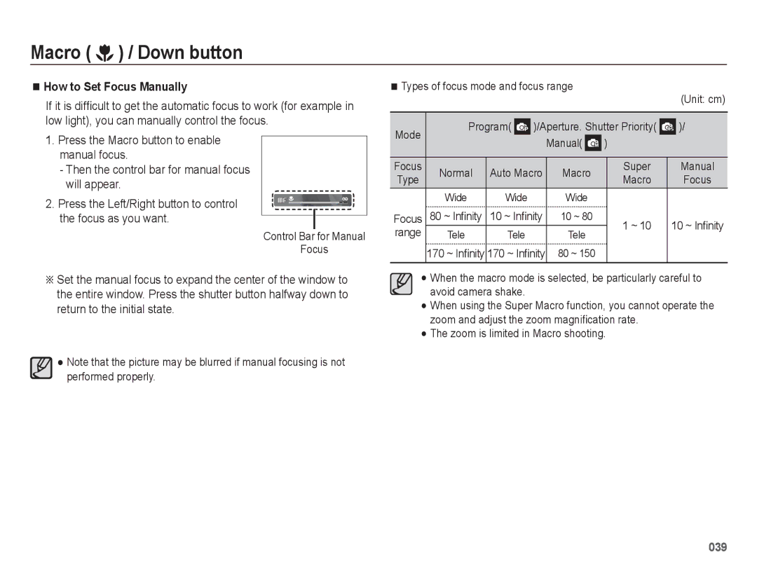 Samsung WB5500 manual How to Set Focus Manually 