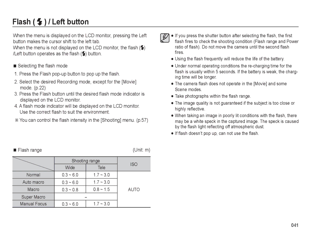 Samsung WB5500 manual Flash / Left button, If ﬂash doesn’t pop up, can not use the ﬂash 