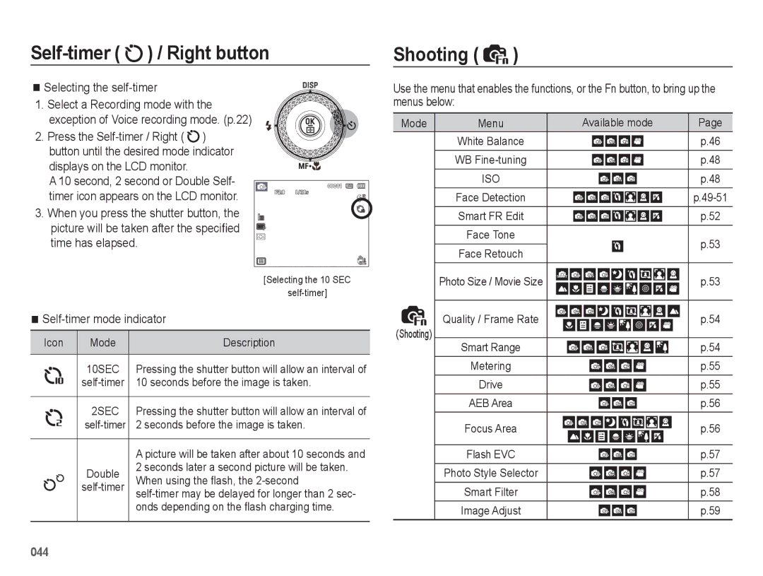 Samsung WB5500 manual Shooting, Selecting the self-timer 