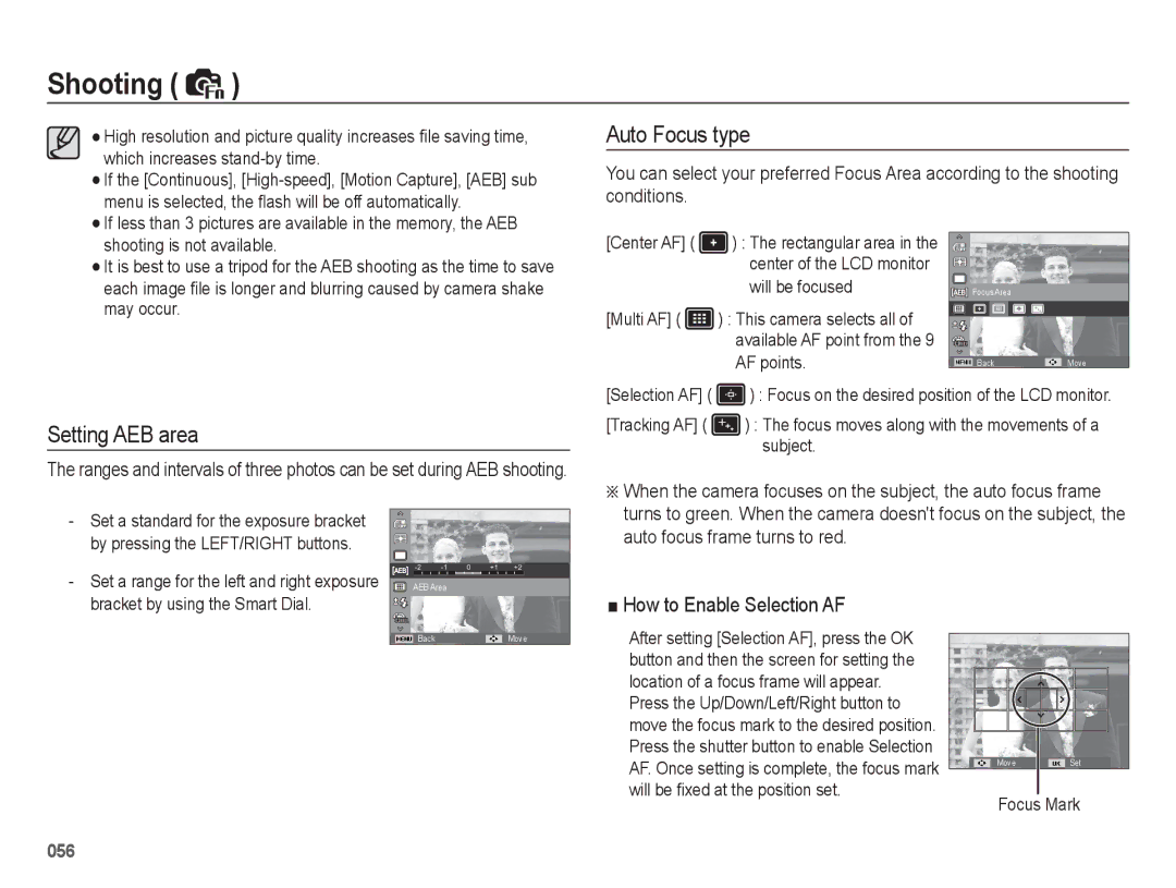 Samsung WB5500 manual Auto Focus type, Setting AEB area, Focus Mark 