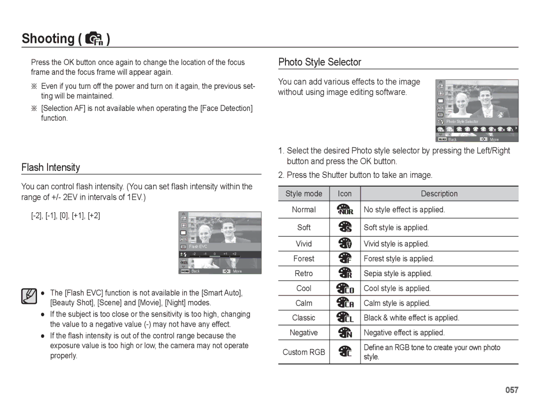 Samsung WB5500 manual Flash Intensity, Photo Style Selector 