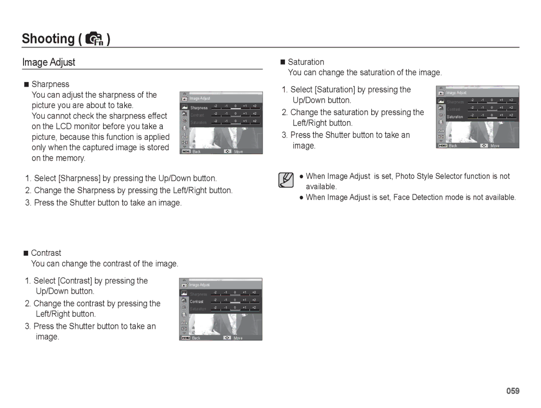 Samsung WB5500 manual Image Adjust, Up/Down button, Change the contrast by pressing, Left/Right button 