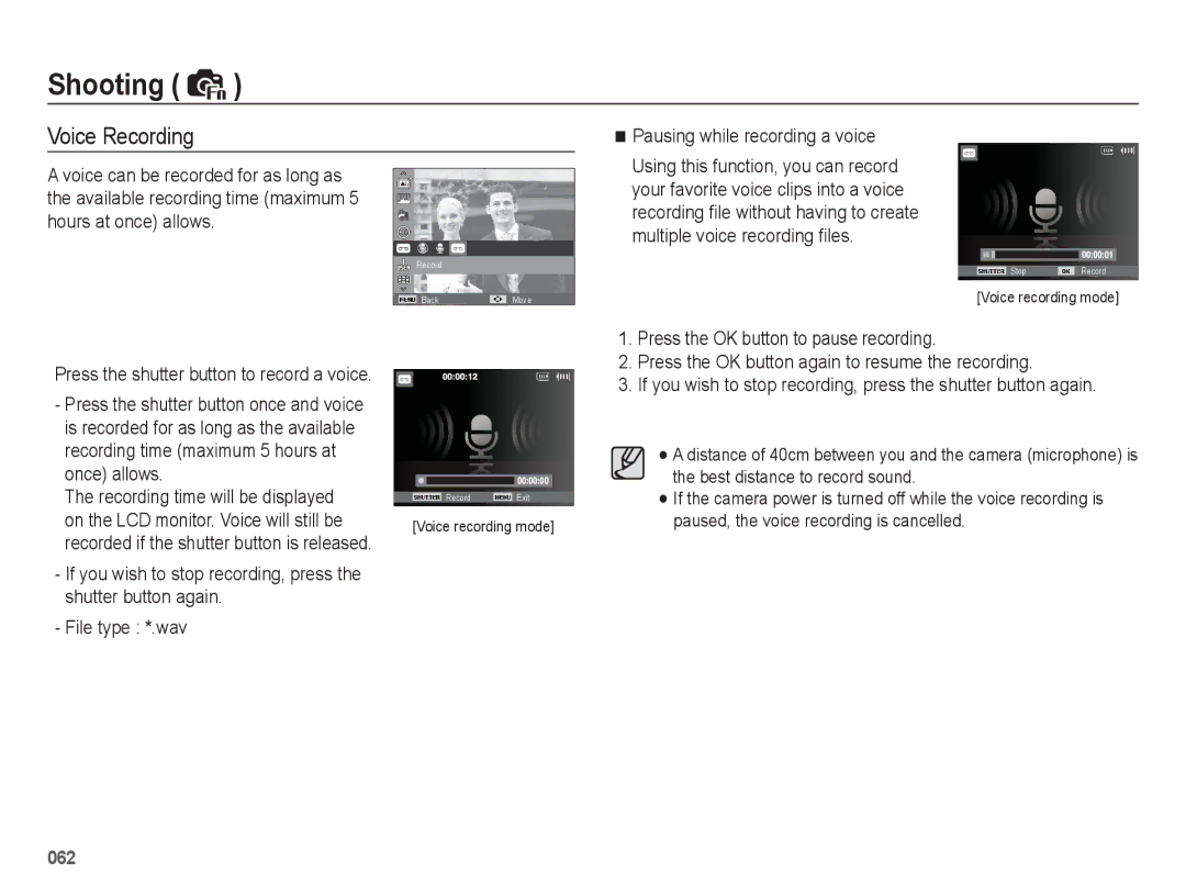 Samsung WB5500 manual Voice Recording, Pausing while recording a voice 