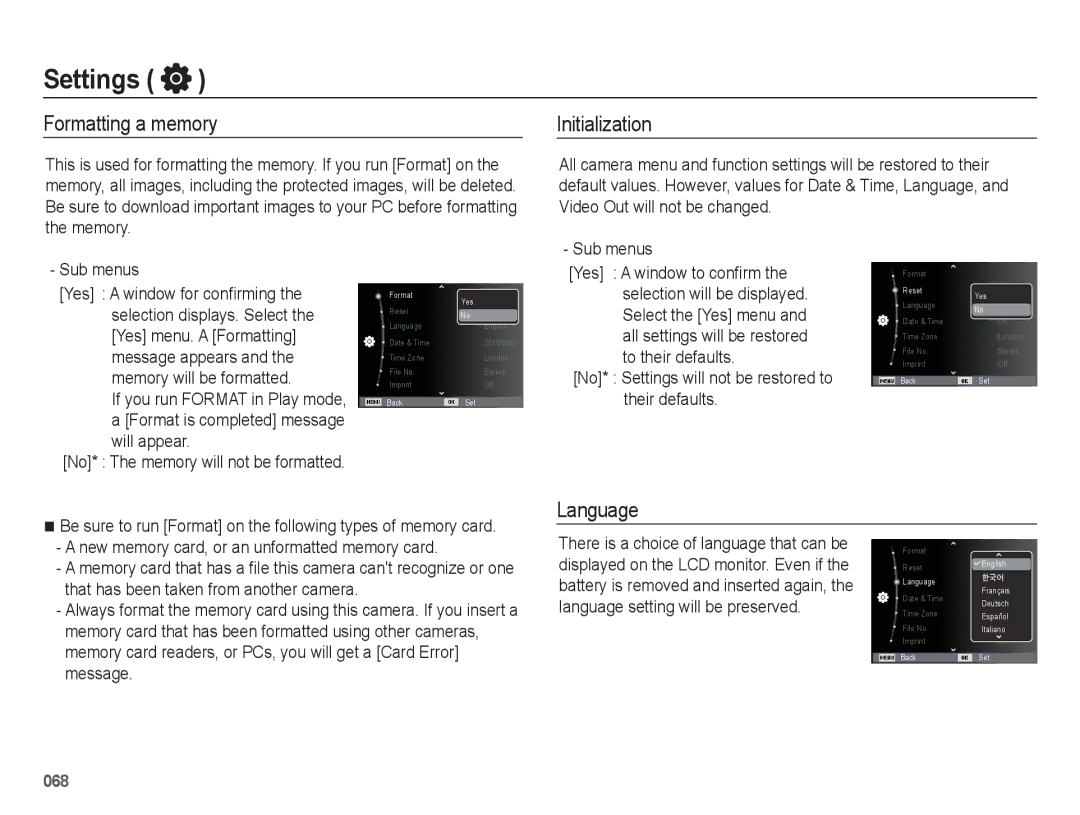 Samsung WB5500 manual Settings, Formatting a memory, Initialization, Language 