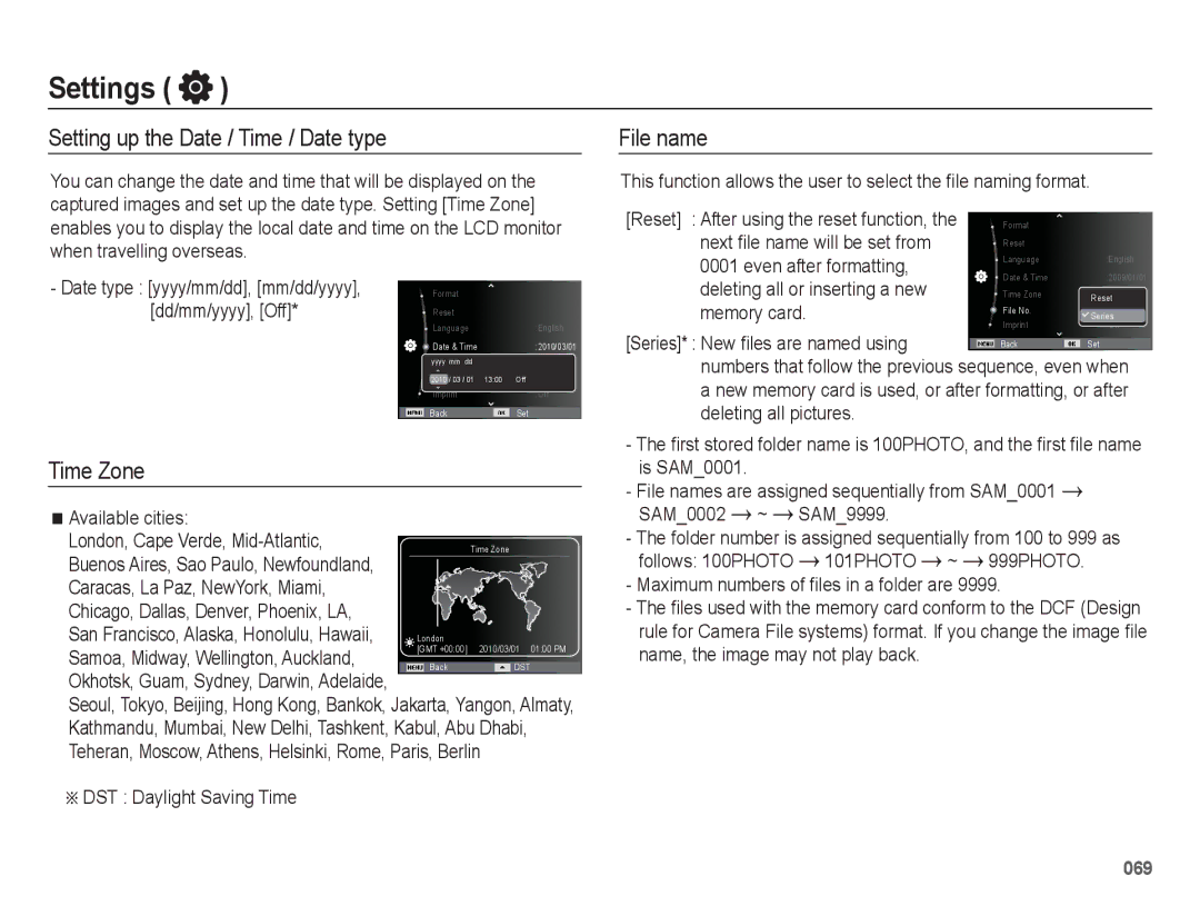 Samsung WB5500 manual Setting up the Date / Time / Date type, File name, Time Zone 