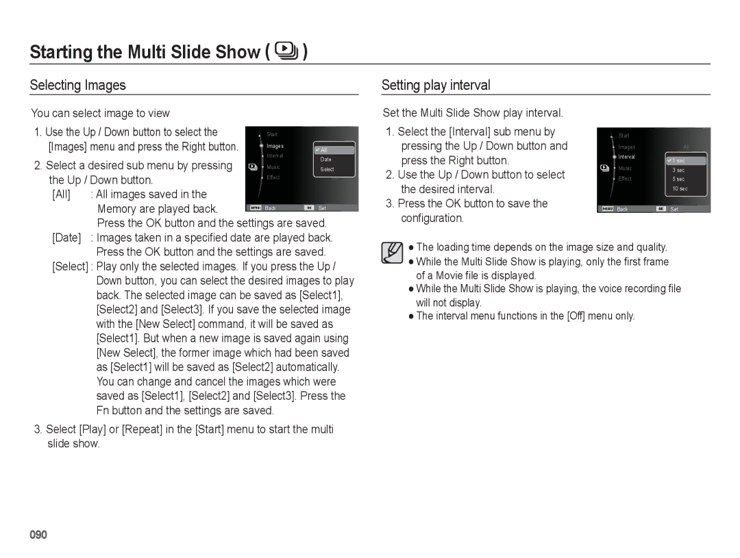 Samsung WB5500 manual Selecting Images Setting play interval, You can select image to view, Up / Down button, Date 