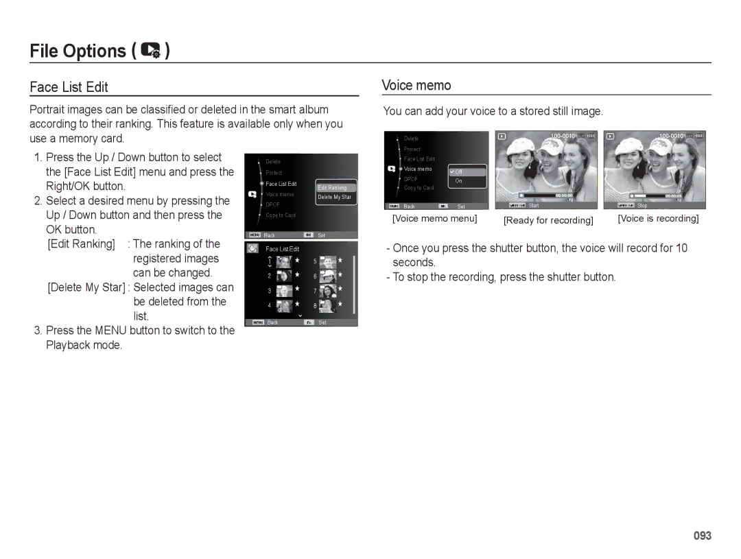 Samsung WB5500 manual Face List Edit, You can add your voice to a stored still image 