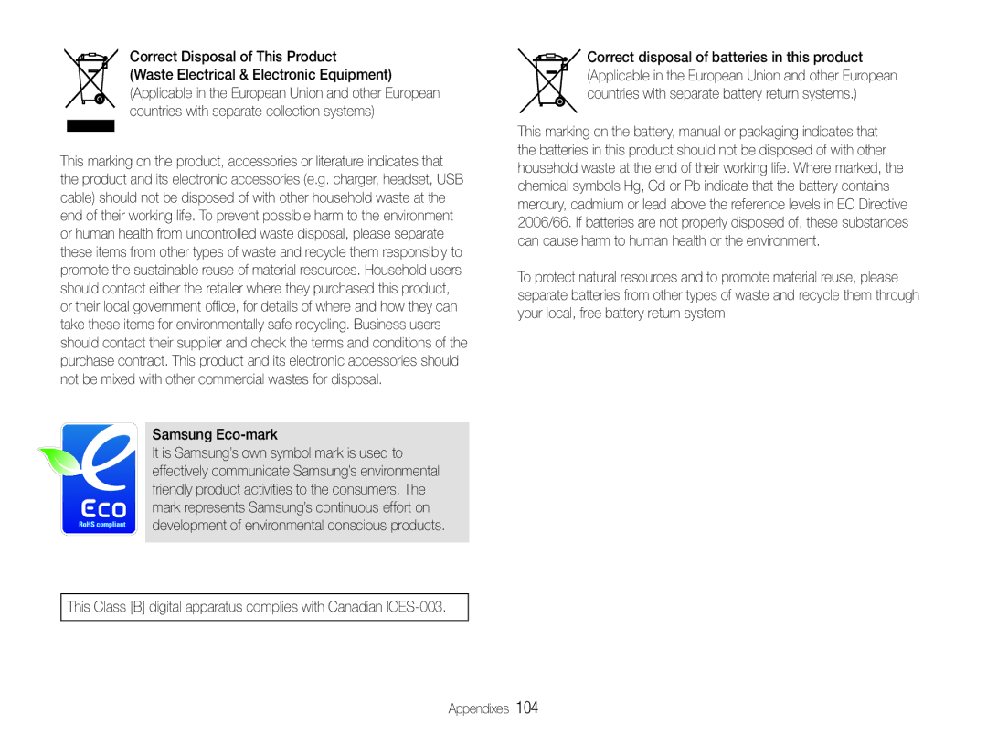 Samsung WB610, WB600 user manual Correct Disposal of This Product, Samsung Eco-mark 