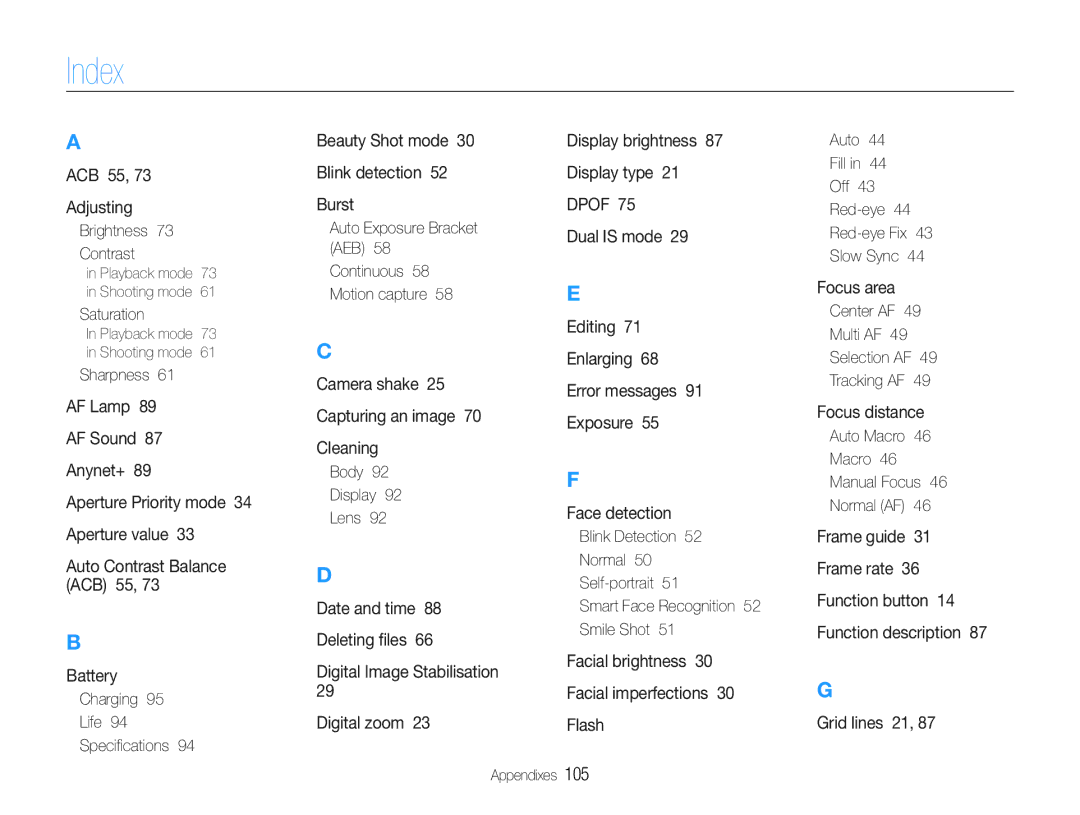 Samsung WB600, WB610 user manual Index 