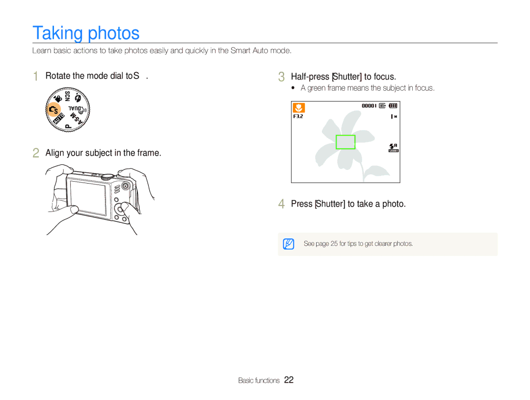 Samsung WB610, WB600 user manual Taking photos, Rotate the mode dial to S Half-press Shutter to focus 