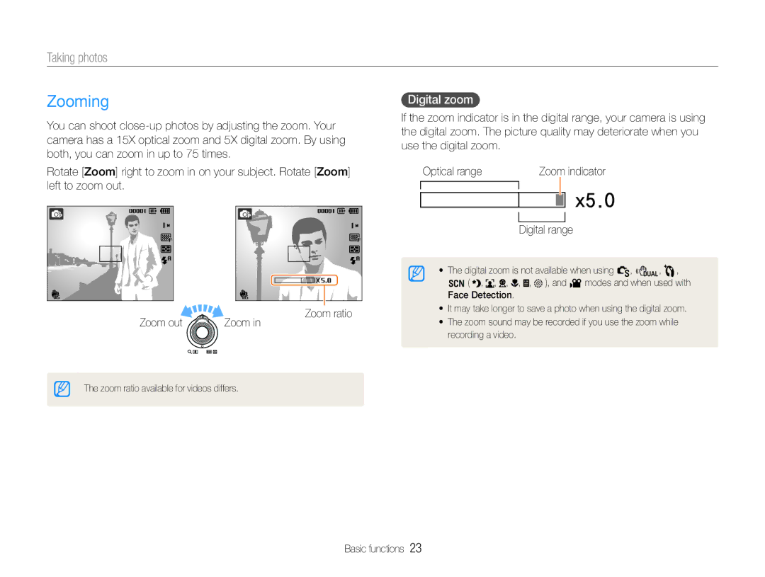 Samsung WB600, WB610 user manual Zooming, Taking photos, Digital zoom, Digital range 