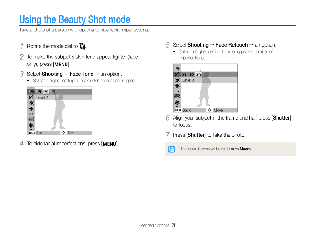 Samsung WB610 Using the Beauty Shot mode, Rotate the mode dial to, Only, press m, Select Shooting ¢ Face Tone ¢an option 