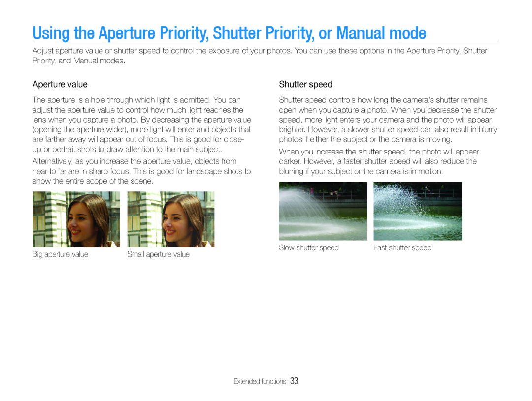 Samsung WB600, WB610 user manual Aperture value, Shutter speed, Slow shutter speed, Big aperture value 