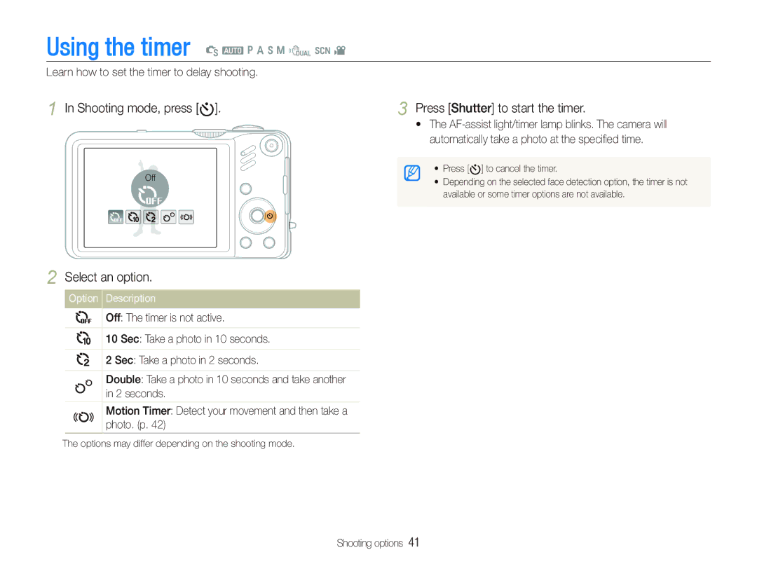 Samsung WB600, WB610 user manual Shooting mode, press t, Select an option, Press Shutter to start the timer 