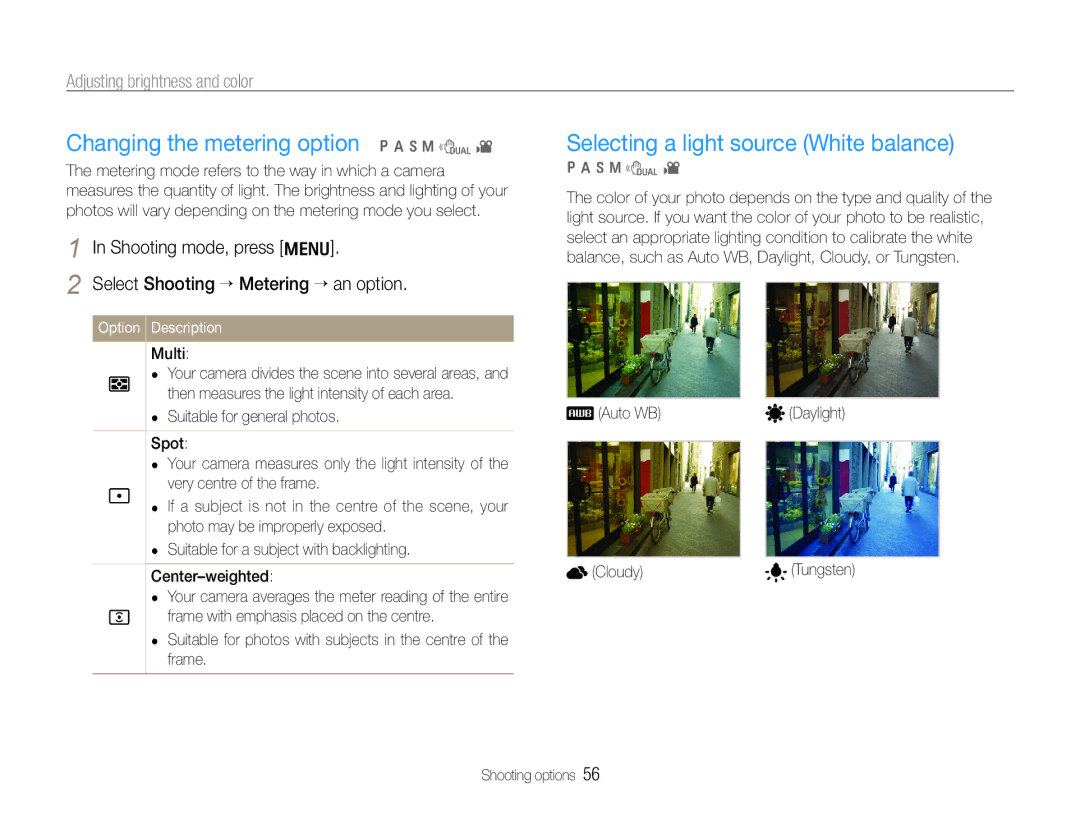 Samsung WB610, WB600 user manual Changing the metering option p a h n d, Selecting a light source White balance, Multi 