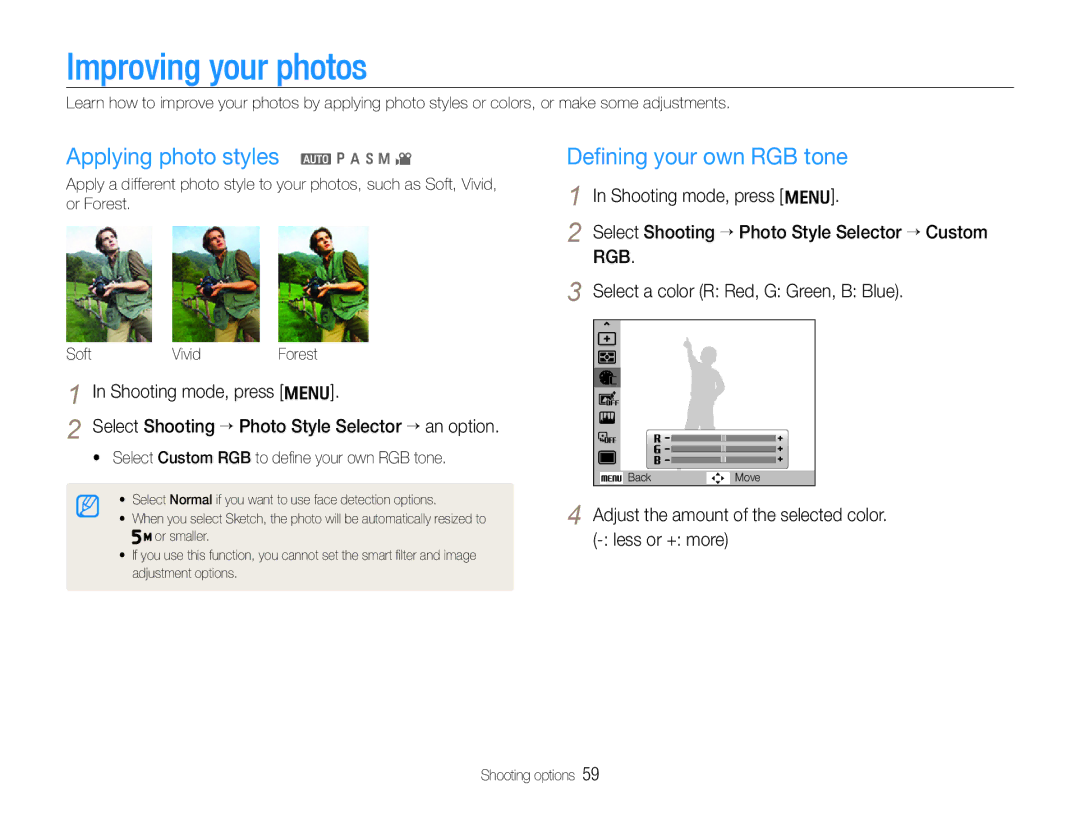 Samsung WB600, WB610 user manual Improving your photos, Applying photo styles a p a h n 