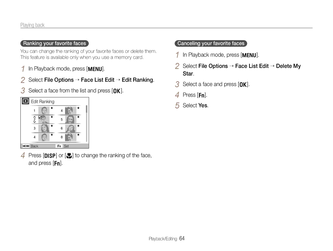 Samsung WB610, WB600 user manual Playing back, Playback mode, press m, Select a face from the list and press o 