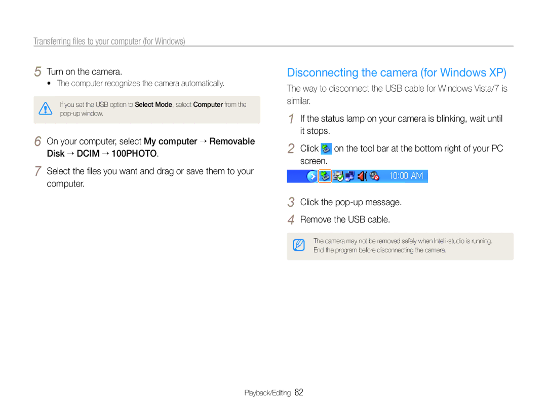 Samsung WB610, WB600 Disconnecting the camera for Windows XP, Screen Click the pop-up message Remove the USB cable 