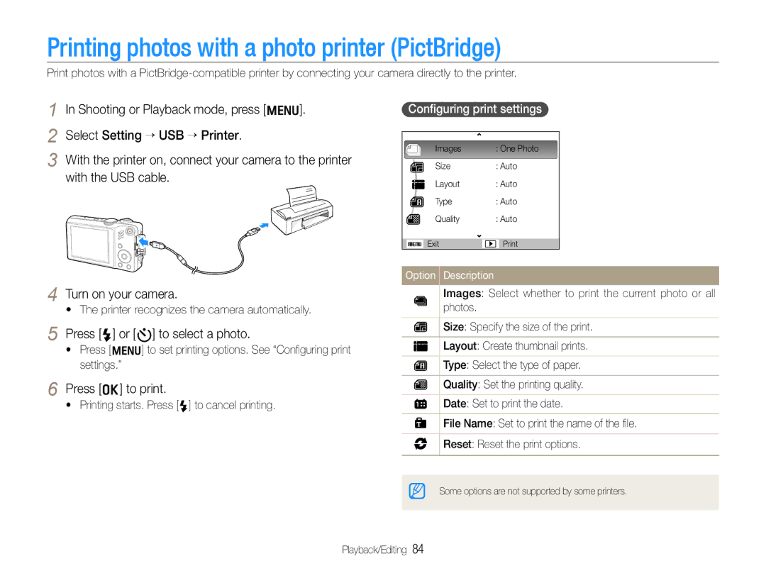 Samsung WB610, WB600 Printing photos with a photo printer PictBridge, Press F or t to select a photo, Press o to print 