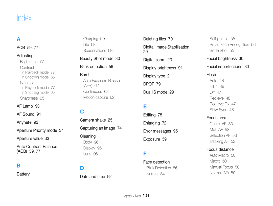 Samsung WB660, WB650 user manual Index 