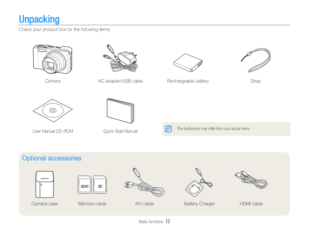 Samsung WB650, WB660 user manual Unpacking, Optional accessories 