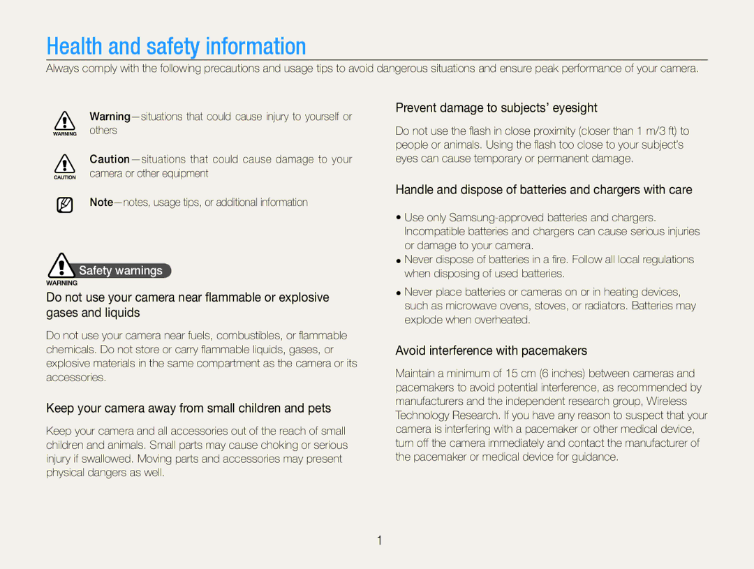 Samsung WB660 Prevent damage to subjects’ eyesight, Keep your camera away from small children and pets, Safety warnings 