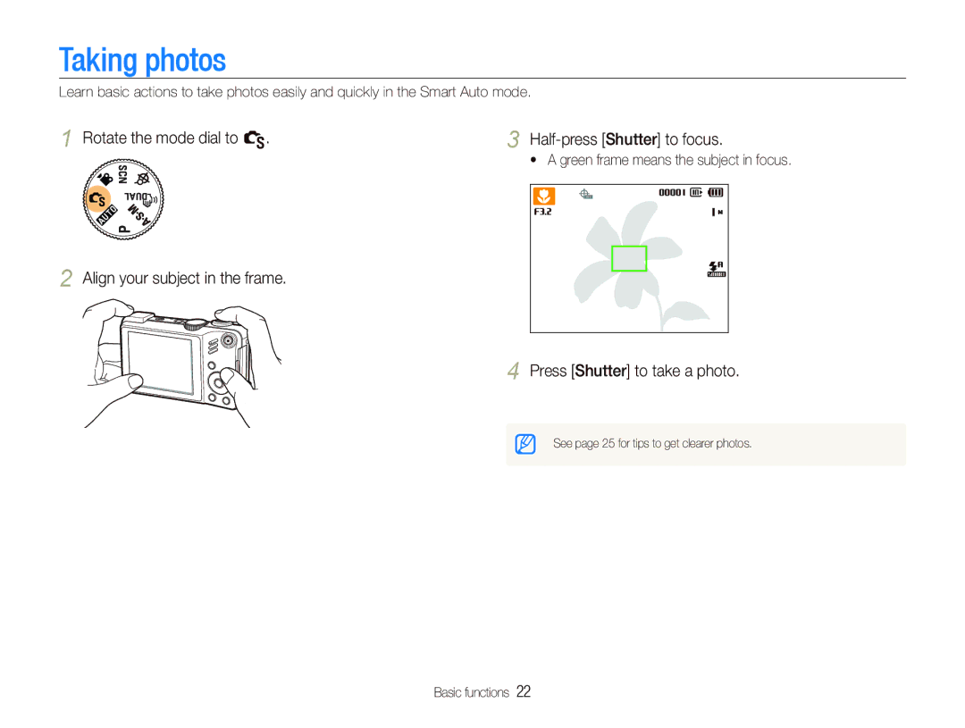 Samsung WB650, WB660 user manual Taking photos, Rotate the mode dial to S Half-press Shutter to focus 