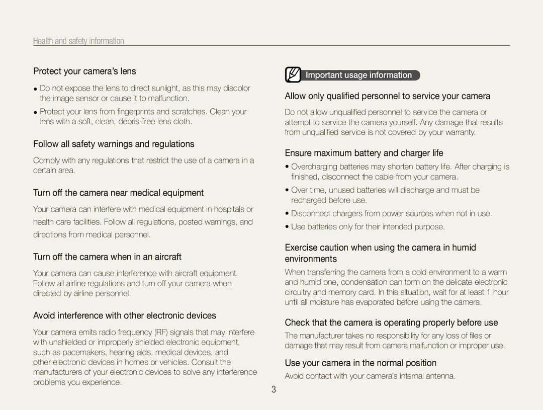 Samsung WB660, WB650 user manual Protect your camera’s lens, Follow all safety warnings and regulations 